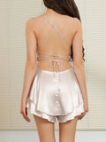 Women Solid Color Cami Playsuits Cowl Neck Sleeveless Short Jumpsuits Summer Cross Tie-Up Backless Satin Romper Clubwear