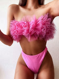 2025 New Sexy 3D Flower Mesh Ruffled Swimsuit High Waist bikini Women Bandeau Swimwear Female Two Pieces Bikini set Bathing Suit