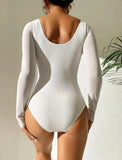 2026 White Swimsuit One Piece Solid Long Sleeve Swimwear Women Bathing Suit Female Cut Out Swimming Summer Beachwear Bodysuit