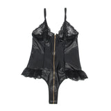 Black Sexy Lingeries Faux Leather Hollow Out Ruffled Lace Zipper Deep V-Neck Jumpsuits Adjustable Straps Elegant Women Bodysuits