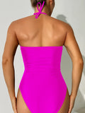 2026 Halter U-wire Swimsuit One Piece Sexy Hollow Swimwear Women Solid Bathing Swimming Swim Suit Padded Beachwear Summer XXL