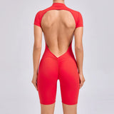 Padded Backless Yoga Cycling jumpsuit  Women Zipper GYM Sportswear Fitness One Piece Sports Suit V Back Workout Playsuit