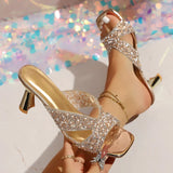 Luxury Crystal High Heels Sandals Women Fashion Square Toe Thick Heels Party Wedding Shoes Woman Plus Size Pearls Sequin Sandals