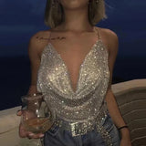 Festival Brilliant Rhinestone Backless Party Crop Top Women 2025 Summer Glitter Evening V Neck Diamonds Metal Tank Tops