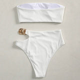 Metal Chain Ribbed Female Bandeau Swimsuit High Waist Bikini Women Swimwear Two-pieces Bikini set Asymmetric Bathing Suit Swim