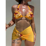 3D Flowers With Skirt Bikini Female Swimsuit Women Swimwear Halter Padded Bather Bathing Suit Swim Three-pieces Bikini set K8102