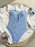 Leaves Printed Mesh Hollow Out Women Swimwear One Piece Swimsuit Female Monokini High Leg Cut Bather Slim Bathing Suit Swim Lady