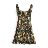French Style Vintage Lemon Leaf Printed Green Dress Sexy Slip Midi Sleeveless Tank Dress Chiffon Women Holiday Elegant Dress