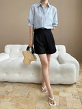 Turn-Down Collar Loose Short-Sleeve Shirt Women White Short Sleeve Shirt Chest Pocket V Neck Button Casual Summer Blouse H9EH