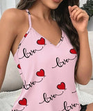 Women's Casual Pajamas Set Summer Sleepwear 2 Pieces Sleeveless V-Neck Heart Print Cami Tops and Shorts Set Loungewear