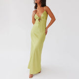 Women Cami Dress Solid Color Sleeveless Tie-Up Front Sleeveless Backless Dress Long Dress Summer Casual Spaghetti Strap Dress
