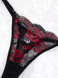 Black Red Rose Floral Embroidery Mesh Babydoll Lingerie Set Underwire Nightgown With Matching Thong Women Sleepwear ZA825127