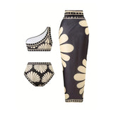 S - XXL Printed Sarong Female Swimsuit High Waist Bikini Women Swimwear Three-pieces Bikini set Bather Bathing Suit Swim V8212