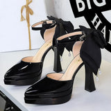BIGTREE Shoes Women's High Heels Hollow Platform Waterproof Thick Heel Pointed Toe Sandals Match Dress Wedding Shoes Knot