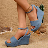 10Cm Chunky Wedge Heel Sandals Women Plus Size 43 Denim Ankle Strap Rome Sandals Woman Summer Non Slip Thick Platform Sandles