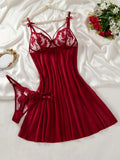 Wine Red Ladies' Countryside Style Wheat Ear Embroidery Semi Transparent Nightgown, Elegant and Comfortable, Bow Design ZA825066