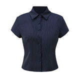 Women Button Down Slim Fit Striped Shirt Fashionable Summer Short Sleeve Turn Down Collar Tops for Casual Daily Wear