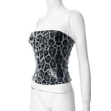 Sexy Chic Leopard Printed Corset Tops Women's Fashion Skinny Zip-up Sequins Crop Tops Strapless Night Club Outfit Streetwear