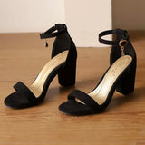 Beige Suede Ankle Strap Block Heel Sandals for Women, Round Open Toe with Rhinestone Accent, Multiple Colors Available