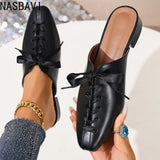 2026 New Retro Summer Brown Women's Slippers Thick Low Heels Square Head Lace Up Ladies Comfortable Outdoor Beach Sliders 35-45