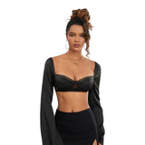 Women Long Sleeve Crop Tops Mesh Lace Trim Sweetheart Neckline Tie-Up Backless T-Shirts Spring Fall Slim Fit Shirts Streetwear