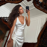 Ahagaga Eelgant Women Dresses Solid Satin Deep V-Neck Lace Up Patchwork Sweet Regular Causal Sheath Party Female Vestidos Robes