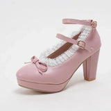 Women's Sweet Cute Lace Bow Lolita Platform High Heels, White Pumps Wedding Party Dress Shoes, Big Sizes 33-48