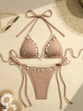 Shell Decoration Ribbed Halter Strappy Bikini Women Swimwear Female Swimsuit Two-pieces Bikini Set Bather Bathing Suit Swim Lady