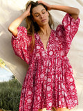 Foridol Lantern Half Sleeve Cyan Bohemian Beach Midi Loose Dress Summer for Women Tie Up Casual Floral Holiday Midi Vestidos