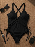 Sexy Black Drawstring Side One Piece Swimsuit 2026 Women V Neck Mesh Patchwork Slim Tummy Control Bathing Suit Holiday Swimwear