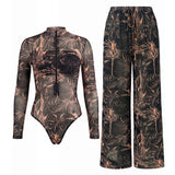 S - XXL New Leaves Printed Long Sleeve With Zipper Pants One Piece Swimsuit Women Swimwear Female Bather Bathing Suit Swim V8355