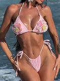 3D Flowers Halter High Leg Cut Thong Bikini Female Swimsuit Women Swimwear Two-Pieces Bikini Set Bather Bathing Suit Swim V6962