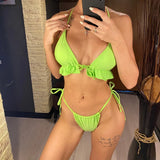 New With Sarong Halter Ruffled Bikini Women Swimwear Female Swimsuit Three-pieces Bikini Set Bather Bathing Suit Swim Lady V4144