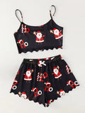 Christmas Santa Claus Element Print Pajama Set for Women's Sleepwear 2 Pieces Crop Tops and Shorts Homewear Loungewear