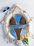 Metal Flower Wrinkled Halter Micro Thong Bikini Female Swimsuit Women Swimwear Two-pieces Bikini Set Bather Bathing Suit Swim
