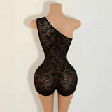 Sexy Jacquard Lace See Through Playsuits Women Hipster Oblique Shoulder Sleeveless Skinny Rompers Midnight Party Clubwear