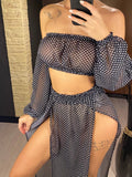 2026 Leopard Off Shoulder Long Sleeve 2 Pieces Set Beach Cover Up Cover-ups Beach Dress Beach Wear Beachwear Female Women V3728