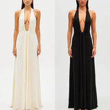 Sexy Deep V Halter Neck Long Dress Women Elegant Bandage Patchwork Luxury Evening Dresses Solid Color Hot Girls Party Vestidos