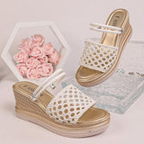 Hollow Out Gold Wedge Heels Sandals Women Plus Size 43 Chunky Platform Slippers Woman Summer Slip On Weave Thick Sole Sandles