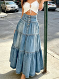 Women's Vintage Denim Midi Skirt High Waist Irregular Ruffle A Line Jean Skirt for Summer Spring