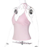 FDYOUI Casual Sexy Halter Neck Lace Patchwork Pink Camisoles Women Bandage Backless Corset T-shirt Y2K Streetwear Cropped Tops