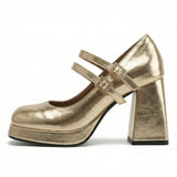 Big Size 32-46 Y2K Metallic Mary Jane High Heels Women Shoes Round Toe Double Straps Rhinestone Buckle Platform Block Heel Pumps