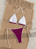 2026 Trendy String Bikini Set Triangle Top Side Tie Bottoms with Metallic Pendant  Solid Color Contrast Trim Women Swimwear