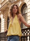 Women Fashionable Solid Color Summer Halter Tops Deep V Neck Sleeveless Backless Bubble Hem Vest