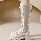 Fashion Breathable Mesh Boots for Woman Summer Solid Zipper Mid-Calf for Women Round Toe Lace Up High Heels Shoes Ladies