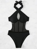 Halter Mesh Sheer Underwired One Piece Swimsuit Women Swimwear Female Backless Hollow Out Monokini High Cut Bathing Suit Swim