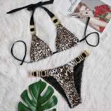 Bikini 2026 Sexy Leopard Diamond Chain Swimwear Swimsuit Women Halter Bikinis Set Bathing Suit Beach Bikini Luxe Female Push Up