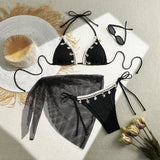 With Mesh Sarong Wrinkled Halter Shell Bikini Female Swimsuit Women Swimwear Three-pieces Bikini Set Bathing Suit Swim Beachwear