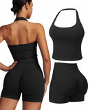 2PCS Seamless Halter Neck Yoga Set Push up Sports Bra And High Waist Butt Lift Fitness Shorts Tummy Control Fitness Wear