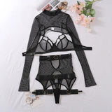Toucheart Sexy Lingerie Set For Women Hollow Mesh See-through Sexy Temptation Free Underwear Long Sleeves Garters Lingerie Set